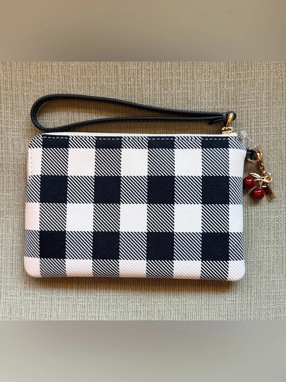 COACH Black & White Check Gingham Wristlet with Cherry Charm NWT
